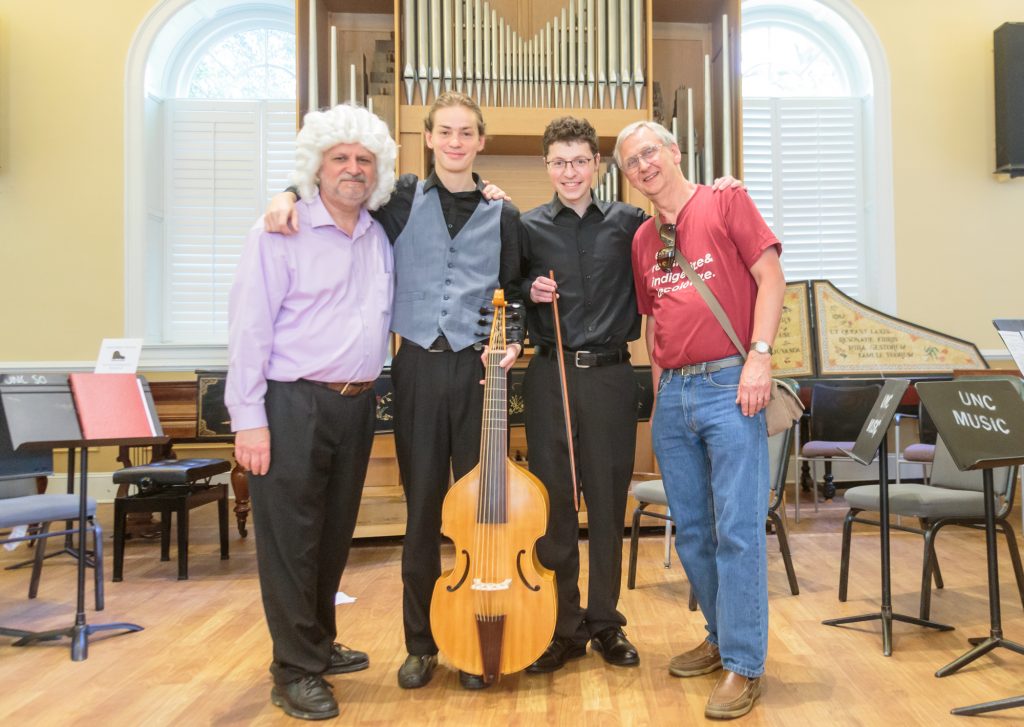 Professor Brent Wissick, Barron Northrup, Corbin Bryan, and John Pringle at the UNC Baroque Ensemble and Cosort of Viols concert