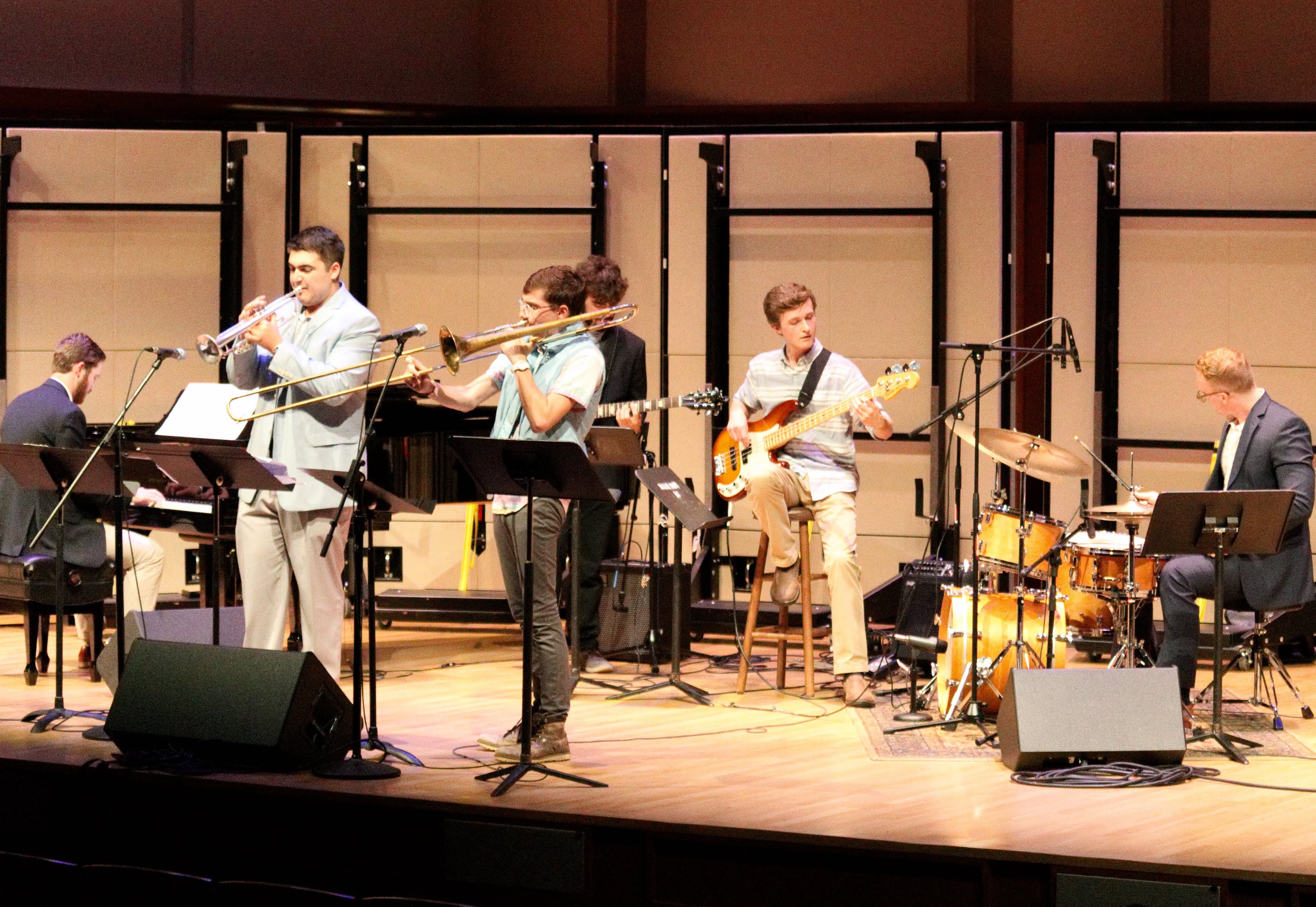 A student jazz combo performs on Moeser Auditorium stage.