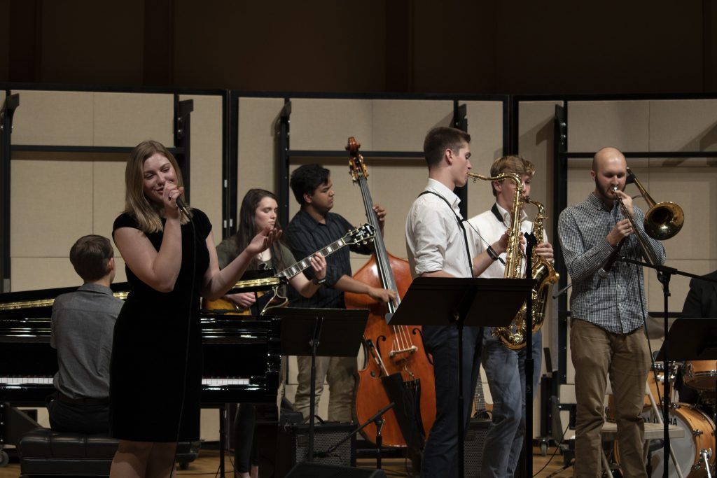 A student jazz combo performs on Moeser Auditorium stage.