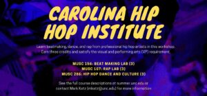 Carolina Hip Hop Institute (description on purple and black background; text on website)