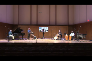 Screenshot of Jazz Faculty in concert, masked and socially distanced in October 2020.