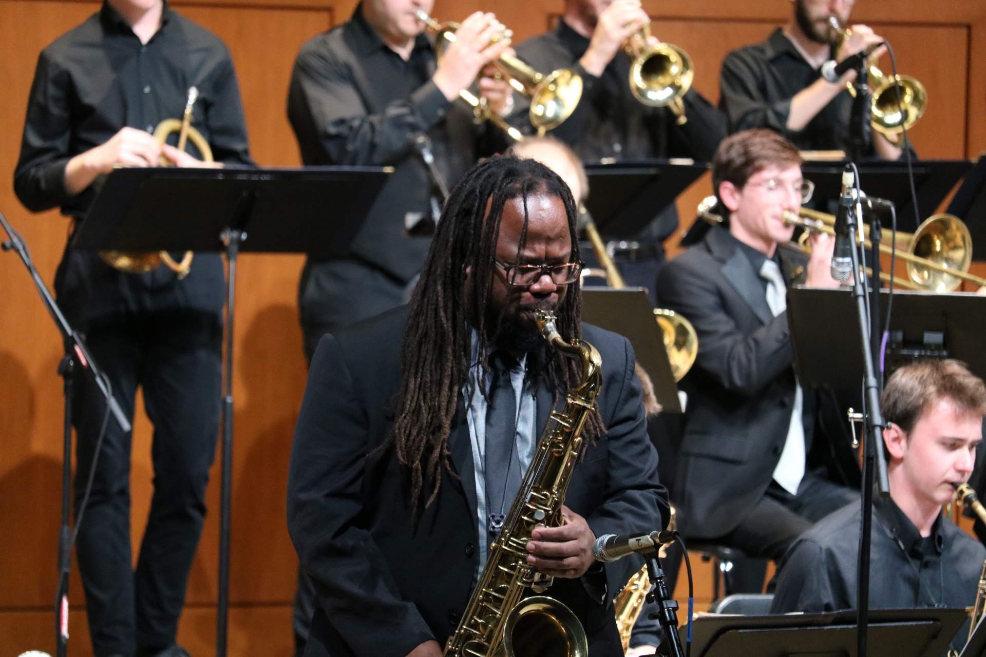 Rahsaan Barber plays with the UNC Jazz Band on Moeser Auditorium stage.