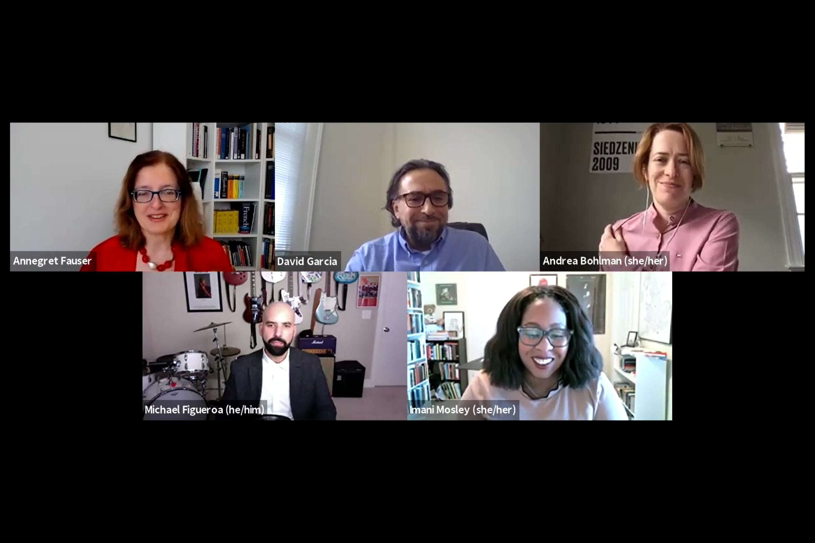 Screenshot of the Performing Commemoration book talk, featuring (clockwise from top left): Annegret Fauser, David Garcia, Andrea Bohlman, Imani Mosely, and Michael A. Figueroa