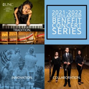 2021-2022 Scholarship Benefit Concert Series, Tradition. Innovation. Collaboration. Image of pianist in top left, singers in pajamas with oversized inflatable baked goods perform on a bed, wind players pose with instruments on stage.
