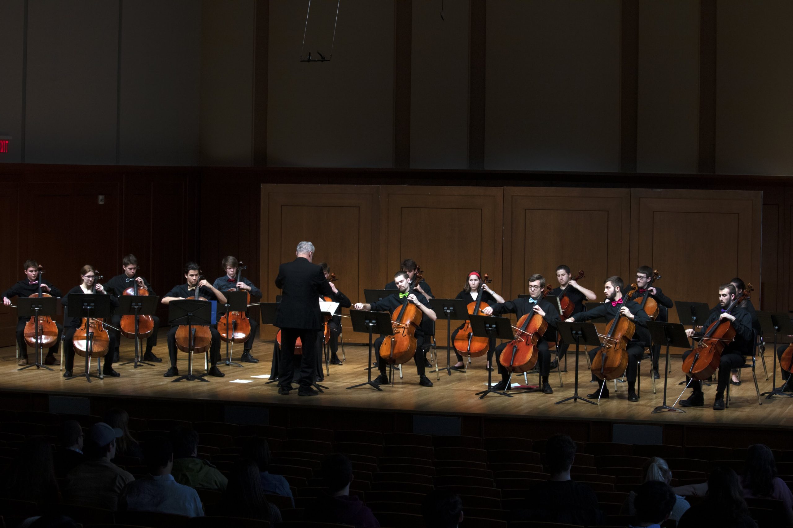UNC Cello Choir performs on Moeser Auditorium stage.