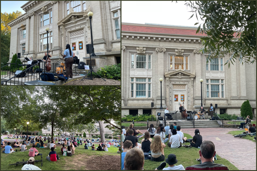 UNC Jazz Faculty perform outside on the steps of Hill Hall for a gathered crowd.