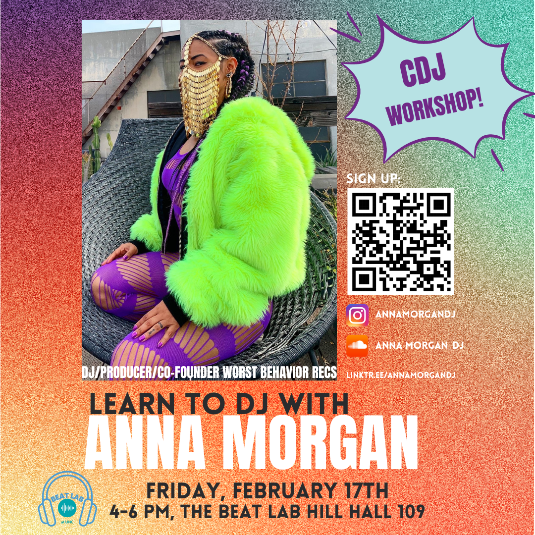 Learn to DJ with ANNA MORGAN. Picture of Anna Morgan in a neon great fuzzy jacket and purple outfit.