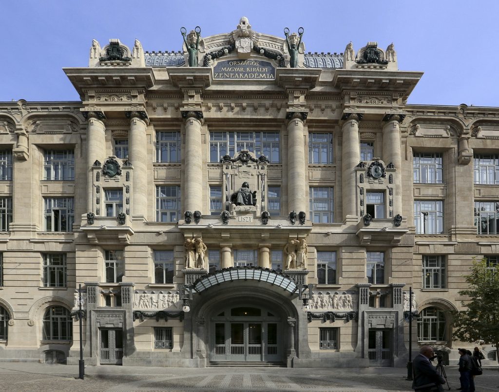 The front facade of the Liszt Ferenc Academy in Budapest, Hungary.