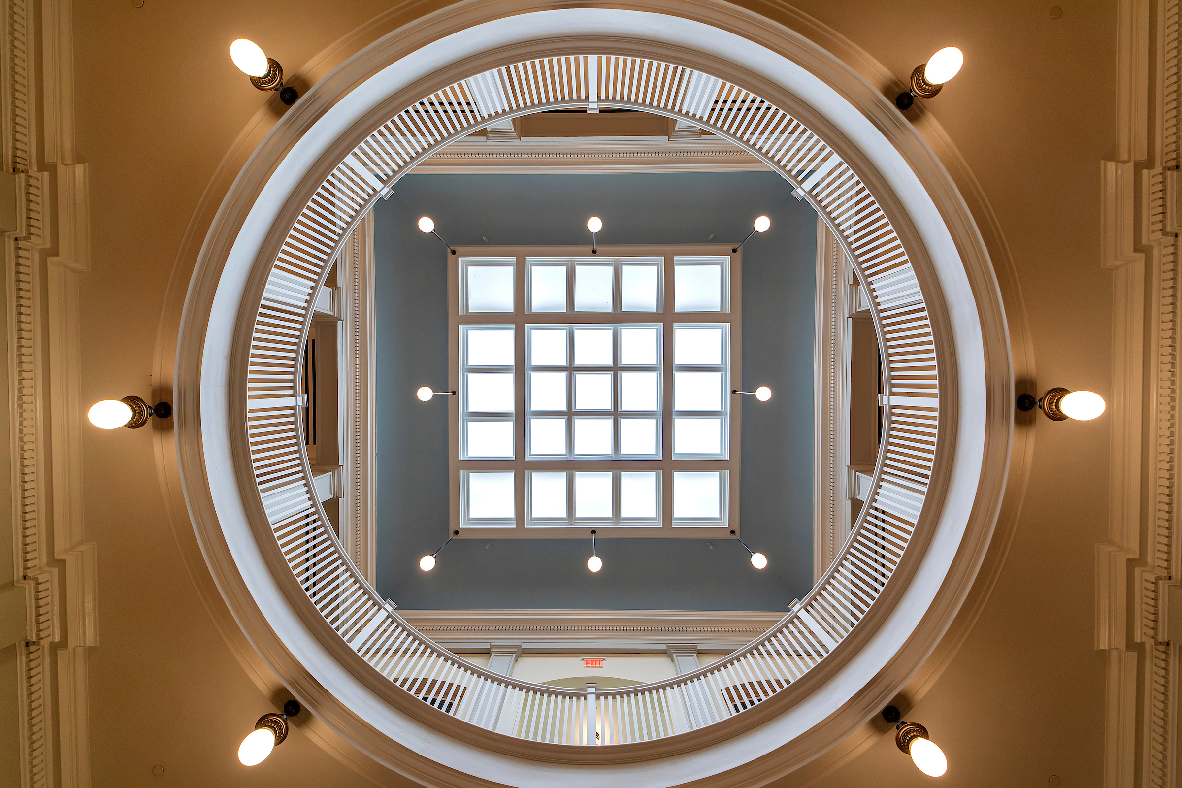 The Hill Hall Rotunda ceiling seen from straight below.