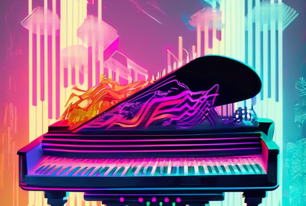 Illustrated image of a piano surrounded by color and abstract, futuristic shapes