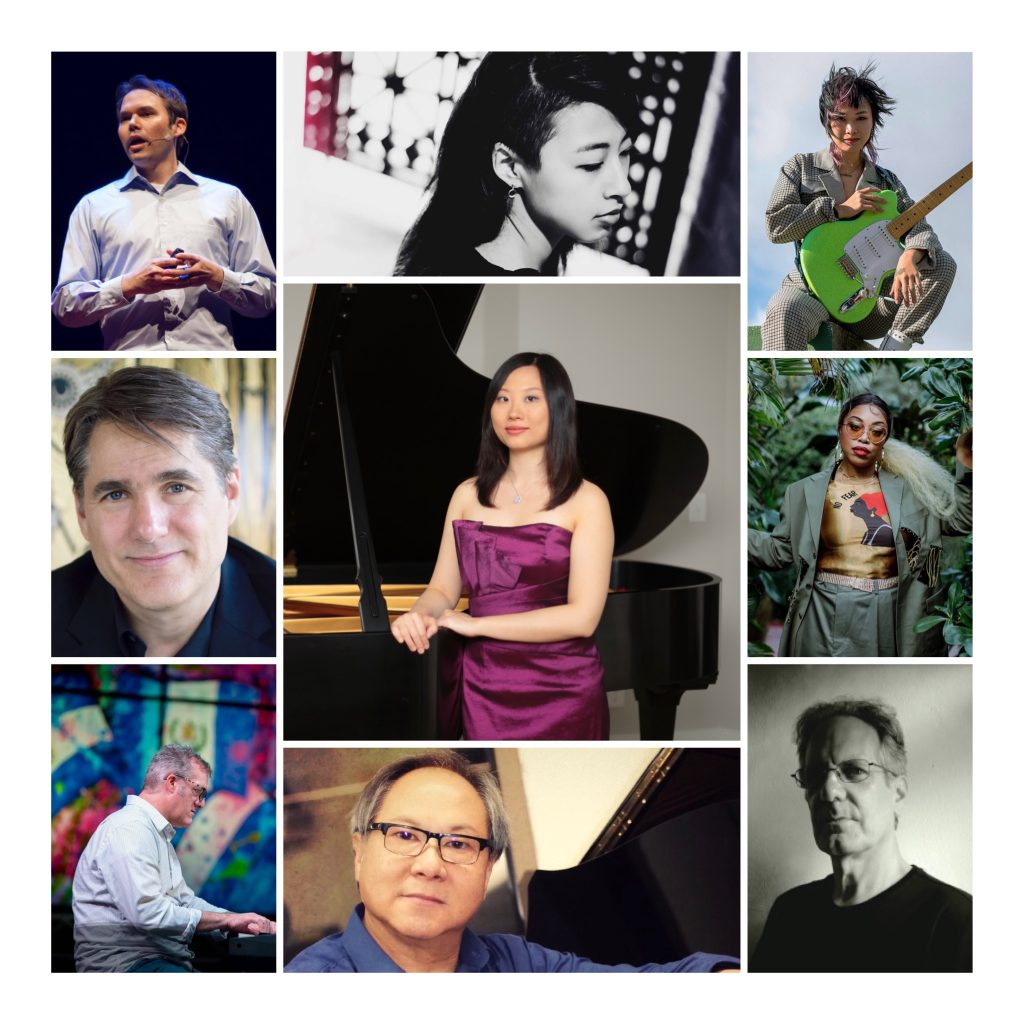 Collage of Ex Machina performers and composer, with Dr. Clara Yang in the center. On the outside, clockwise from upper left: Lee Weisert, Xuan, Yvette Young, Suzi Analogue, Allen Anderson, Phil Young, Stephen Anderson, and Peter Askim