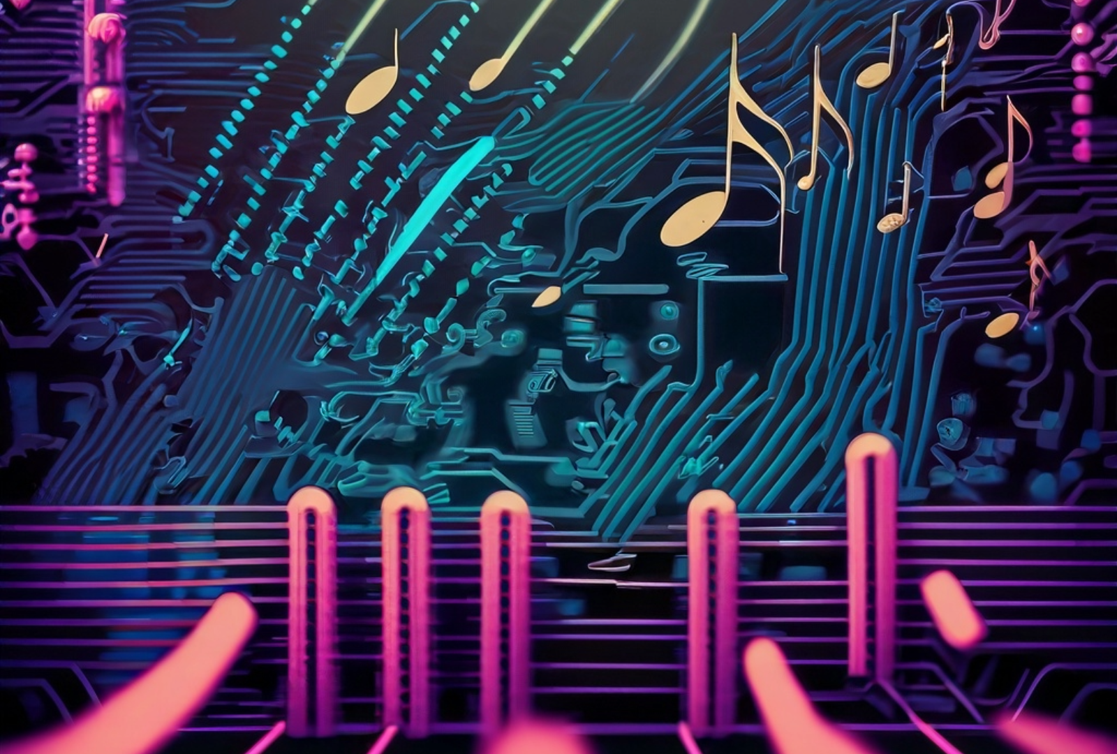 A neon-colored graphic of abstract piano keys with soundwaves, music notes, and digital lines.