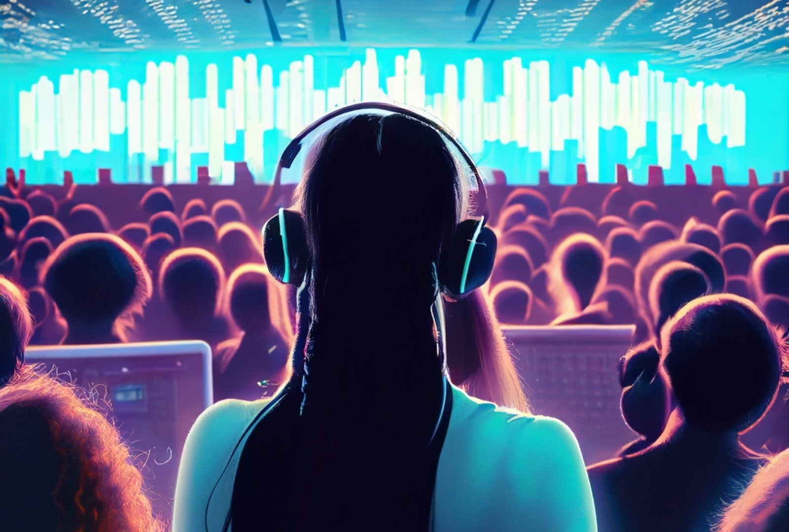 Graphic depicting the back of a woman wearing headphones in the midst of a full audience watching a digital performance of light, neon-blue soundwaves on a screen at the front of an auditorium.