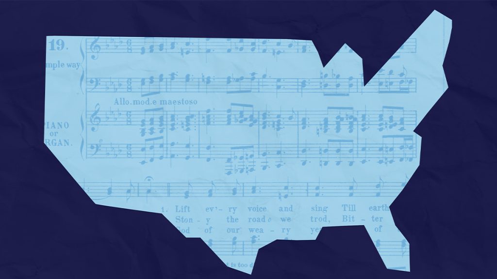 Image of the continental US in Carolina blue with the music for Lift Ev'ry Voice and Sing overlaid.